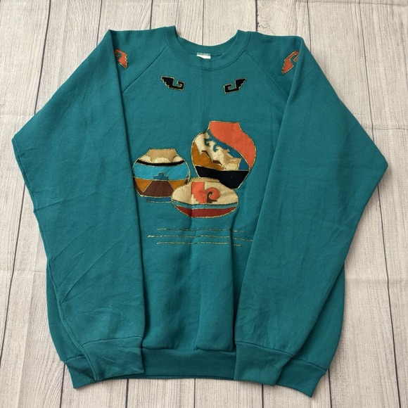 Hanes Other - Vintage Her Way Southwest‎ Motif Crewneck Sweatshirt Sz XL Puffy Paint Glitter